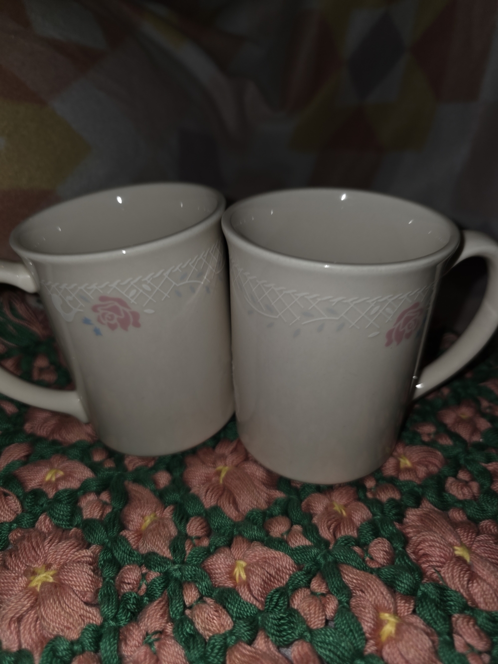 Corningware Cream Mugs with Pink Rose Detail - Set of 2